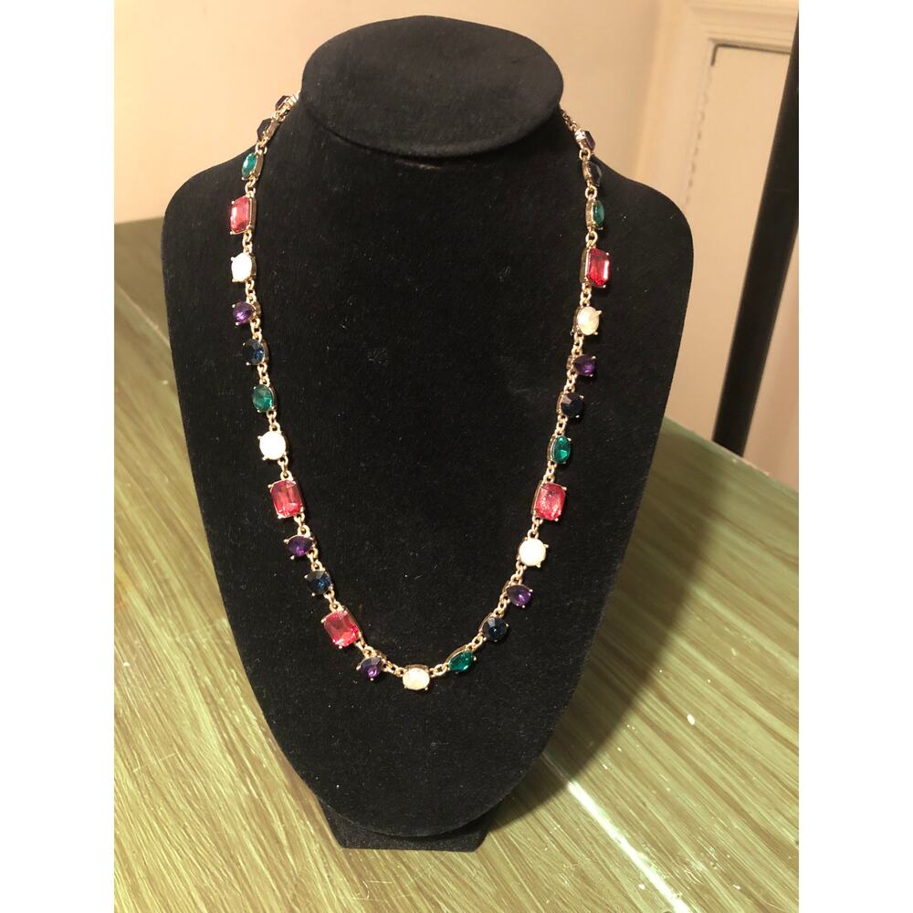 LOFT Vintage EUC Necklace Multicolored Rhinestone Goldtone 20" Pink Purple Green